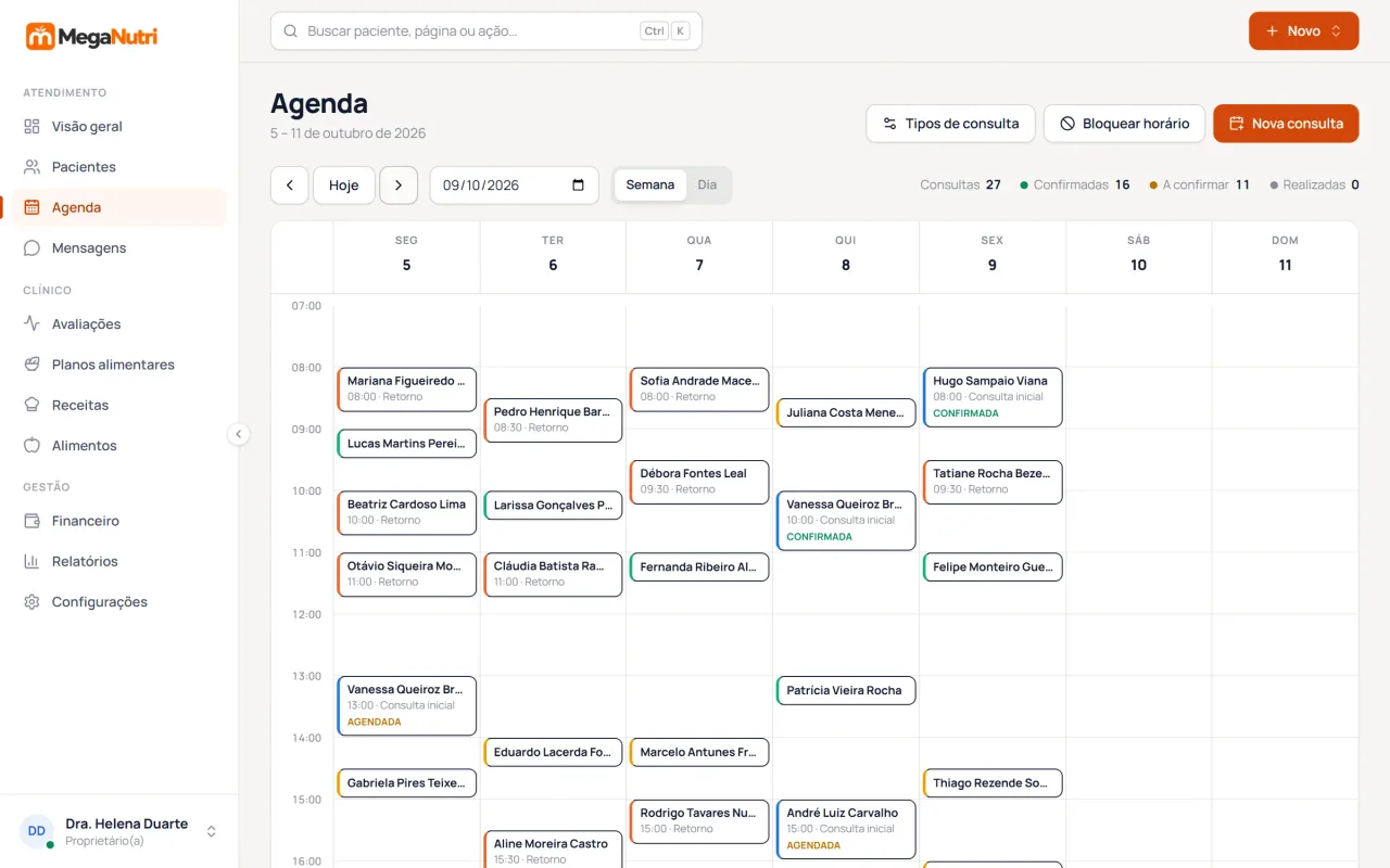 Agenda semanal do portal MegaNutri com consultas e bloqueios de horário