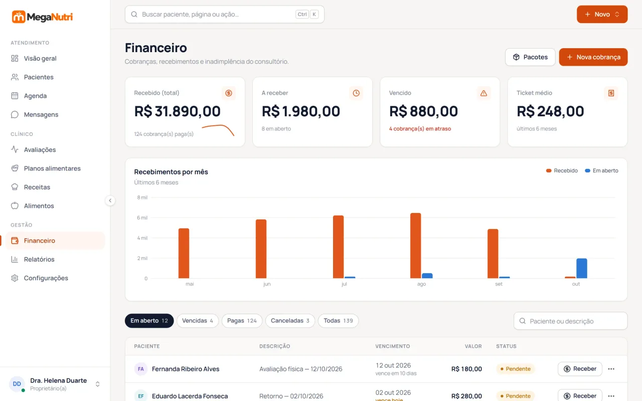 Tela financeira do portal MegaNutri com cobranças e Pix copia e cola