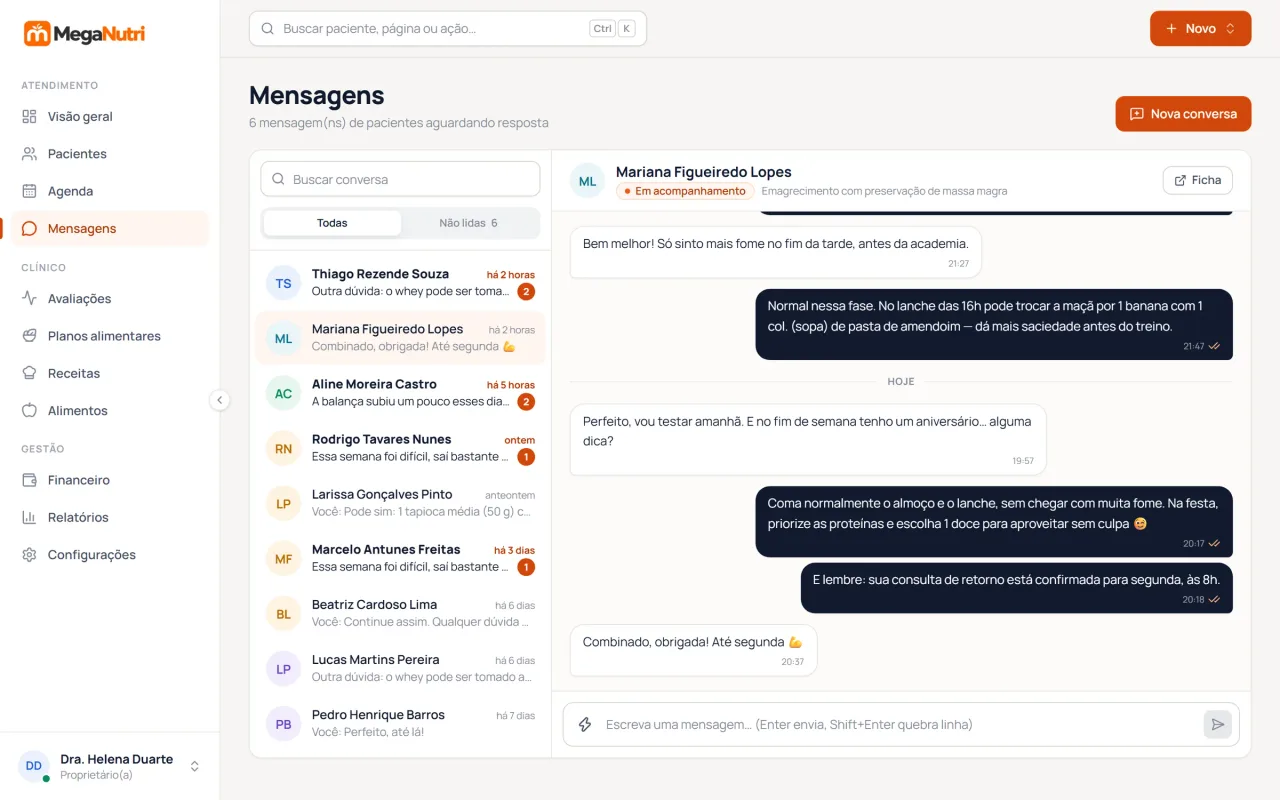 Caixa de entrada de mensagens do portal MegaNutri com a conversa com um paciente