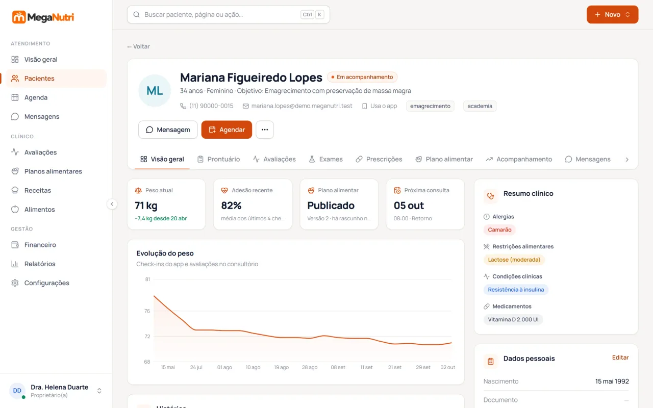 Ficha do paciente no portal MegaNutri, com abas de prontuário, avaliações, plano e mensagens
